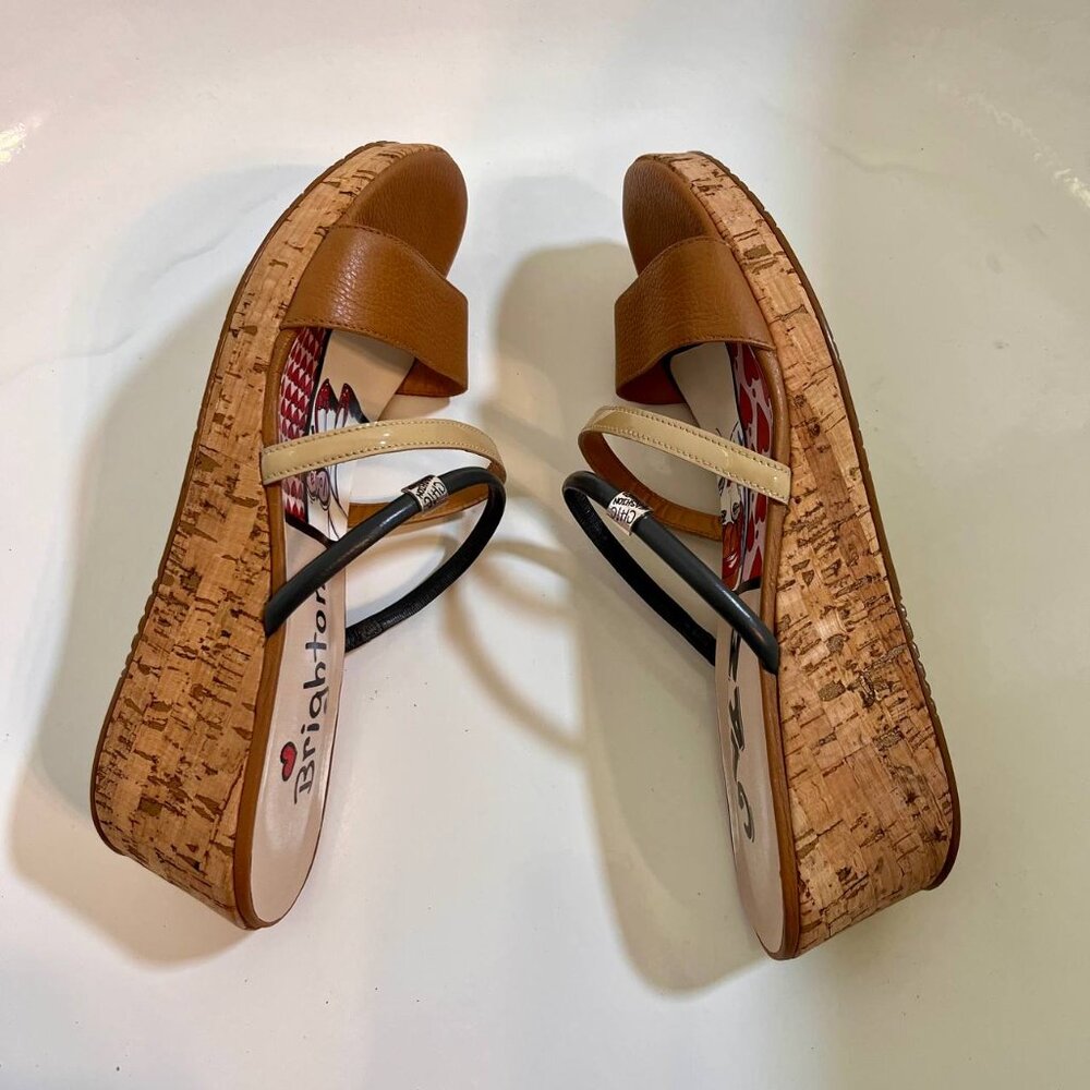 Brighton Harper Tan Beige Glam Cork Wedge Slip On Strappy Sandals Size 9.5 - Picture 8 of 14